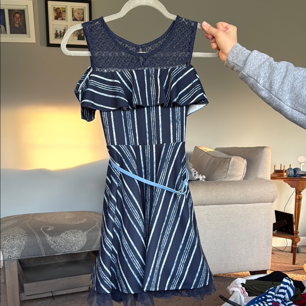 Navy and White Striped Dress with Lace Detail